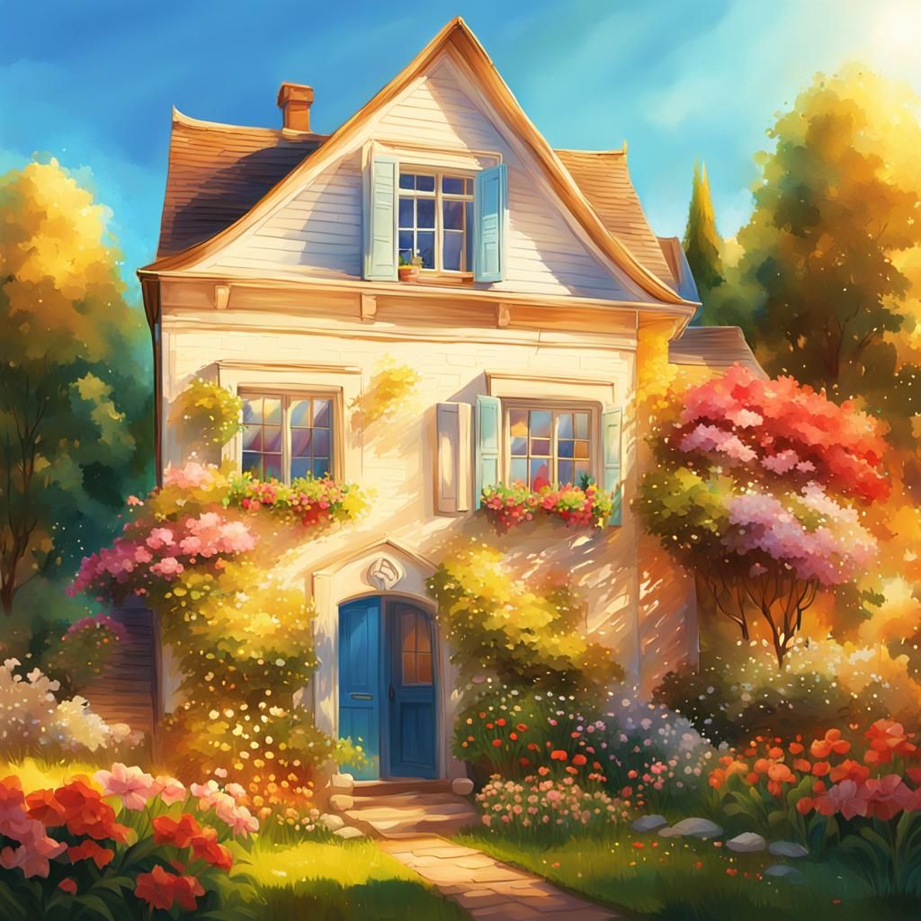 Serene Idyllic Digital Painting of a Beautiful House with Ga...