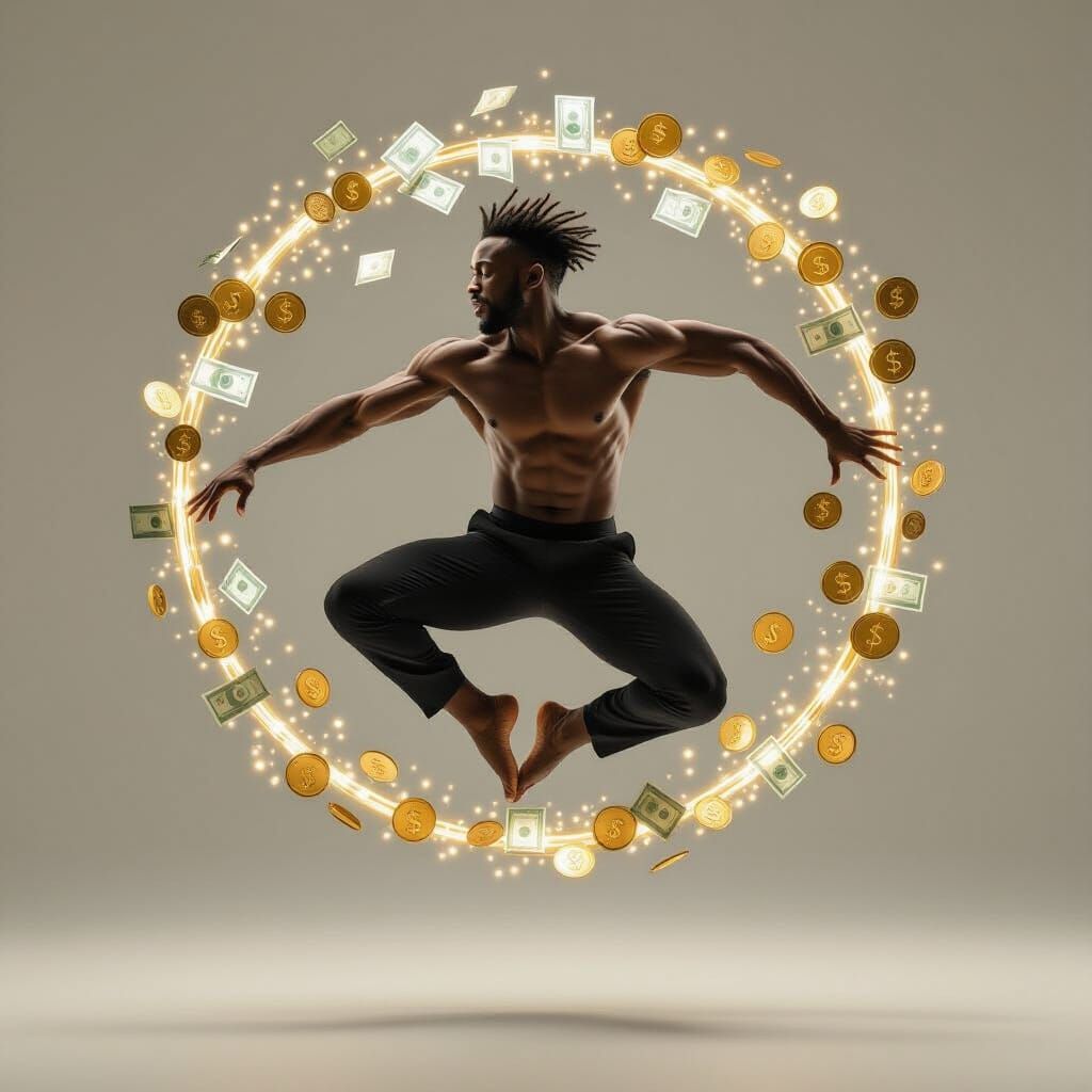 Dancer Leaps Amidst Golden Coins and Banknotes