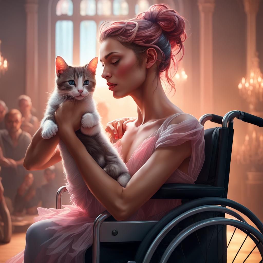 Ballerina in a wheelchair dancing and holding a kitten