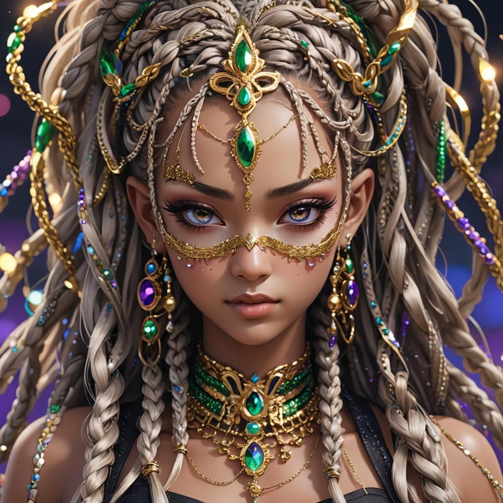 Anime Girl with Braids and Jeweled Mask