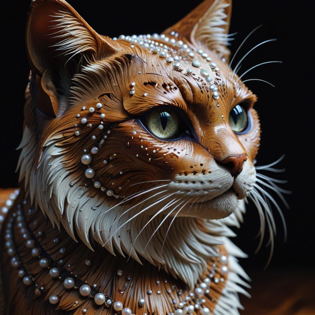Hyper-Realistic Wood Carving of a Cat in Luxurious Detail
