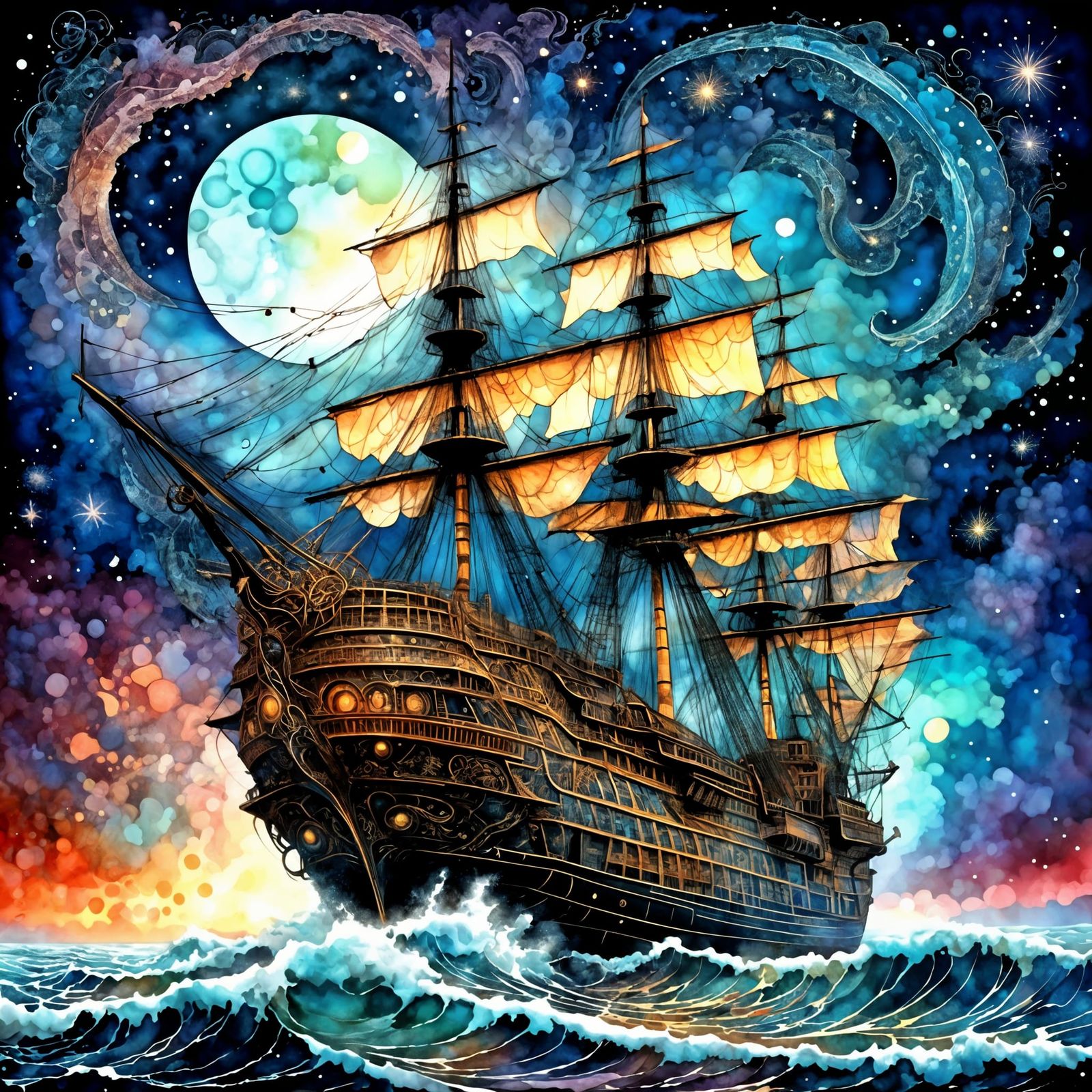 17th Century Ship in Lightning Storm with Zentangle