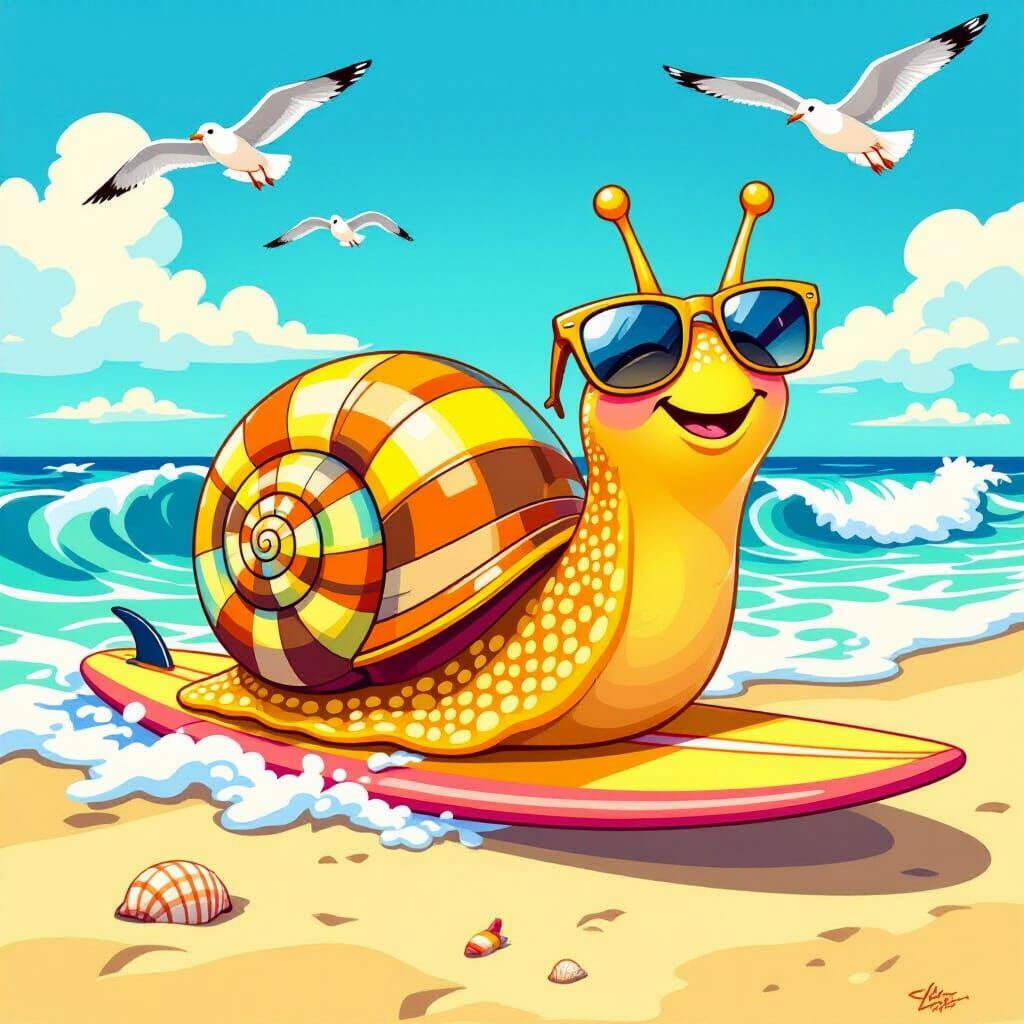Mosaic Snail Dude Lounging on Beach: Whimsical Art