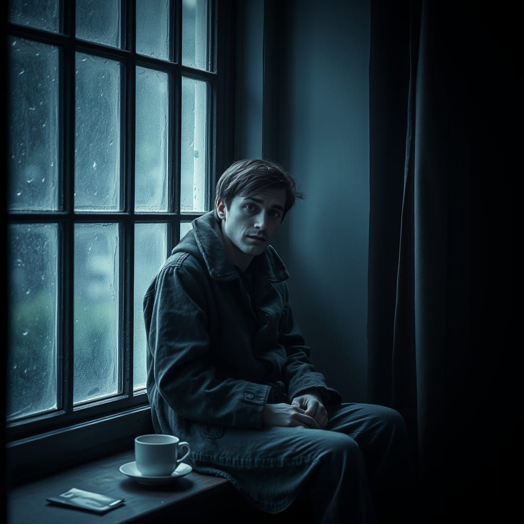Melancholy Portrait by Window in Cinematic Realism