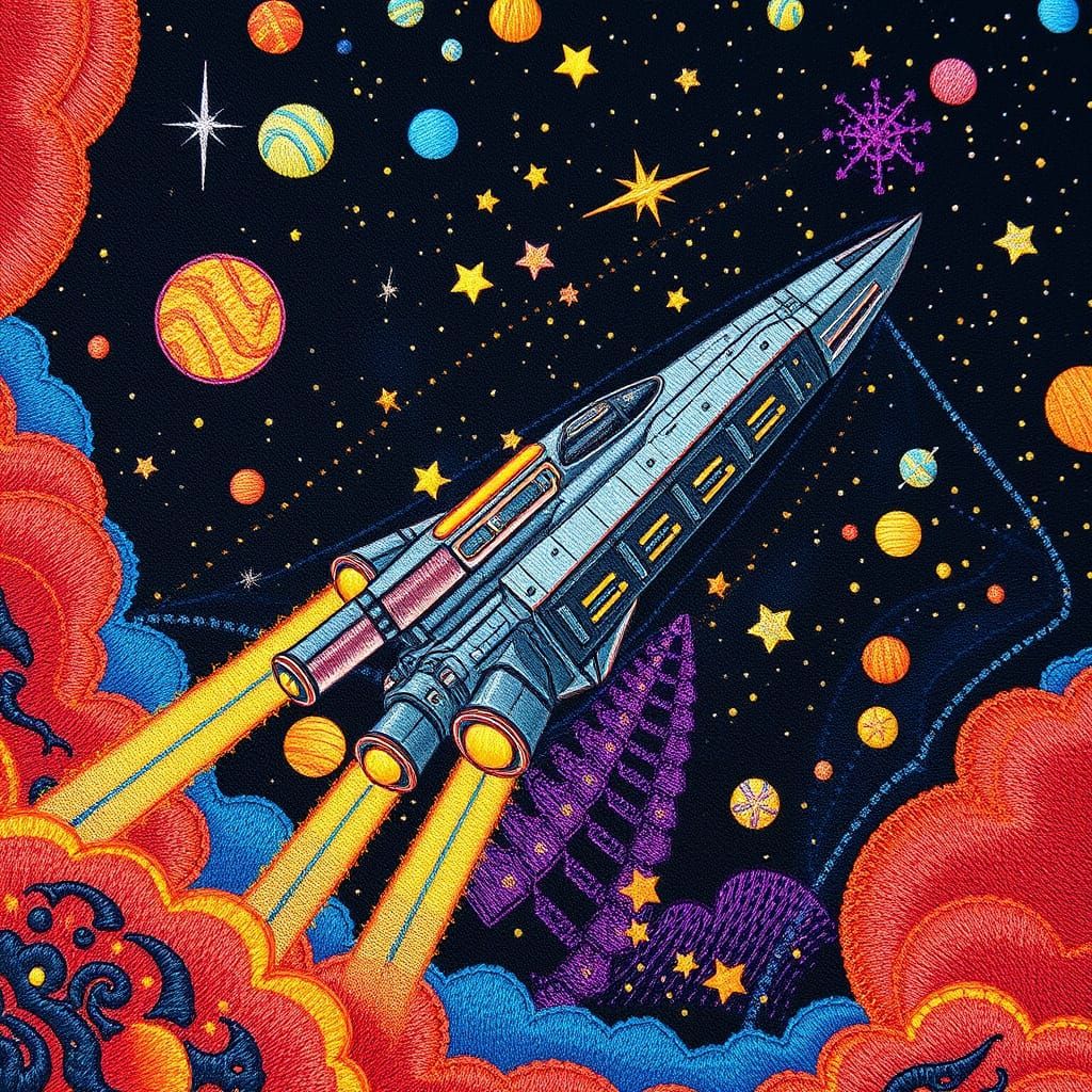 Cosmic Embroidered Spaceship Soars through Vibrant Starry Sk...