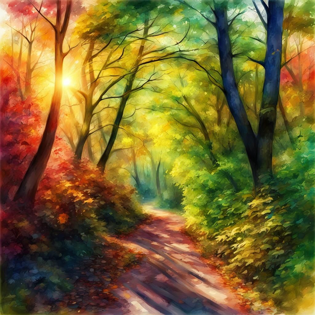 Radiant Forest Path in Watercolor Style