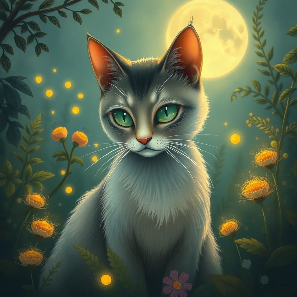 Mystical Cat in Moonlit Garden: Whimsical Illustration