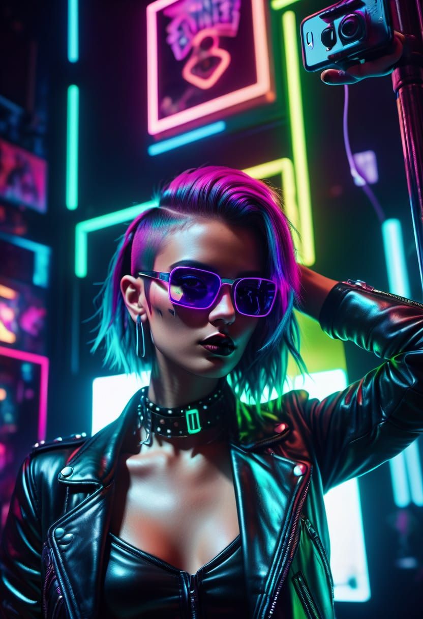 Neon Punk Girl in Edgy Club Selfie