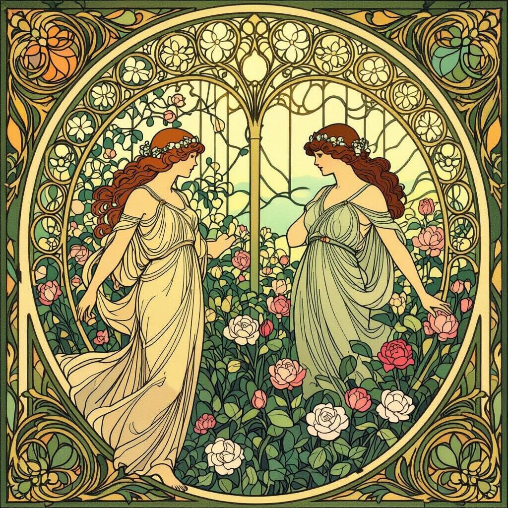 Art Nouveau Hidden Garden Scene with Stained Glass