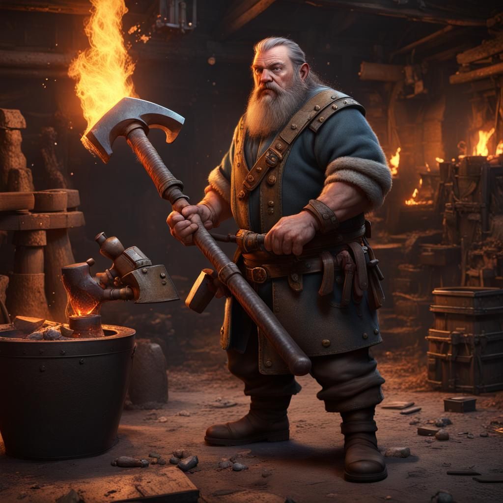 Dwarf Blacksmith at the Furnace: Fantasy Concept Art