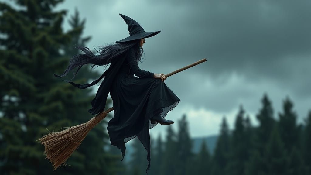 Witch on Broomstick Flying Through Dark Forest