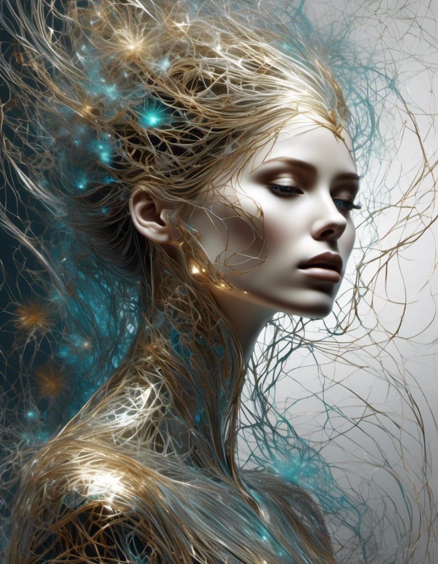 Iridescent Thread Woman: Holographic Astral Portrait