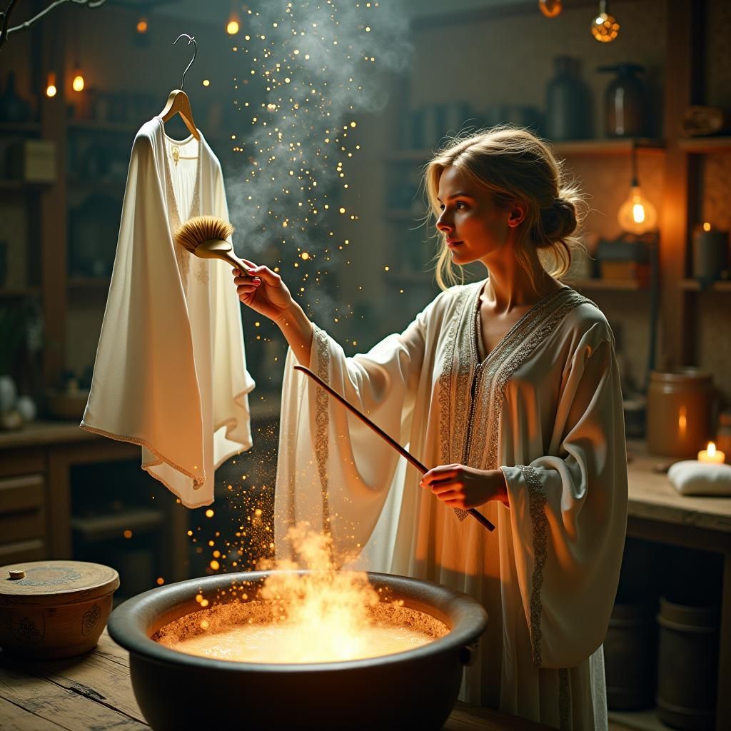 Magical Laundry Scene: Wizard Cleans Clothes with Wand