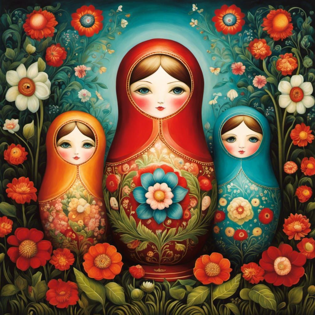 Matrioshka Dolls in Flower Garden Illustration