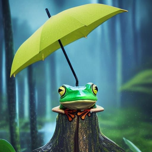 Blue and Yellow Frog with Umbrella, Detailed Matte Painting