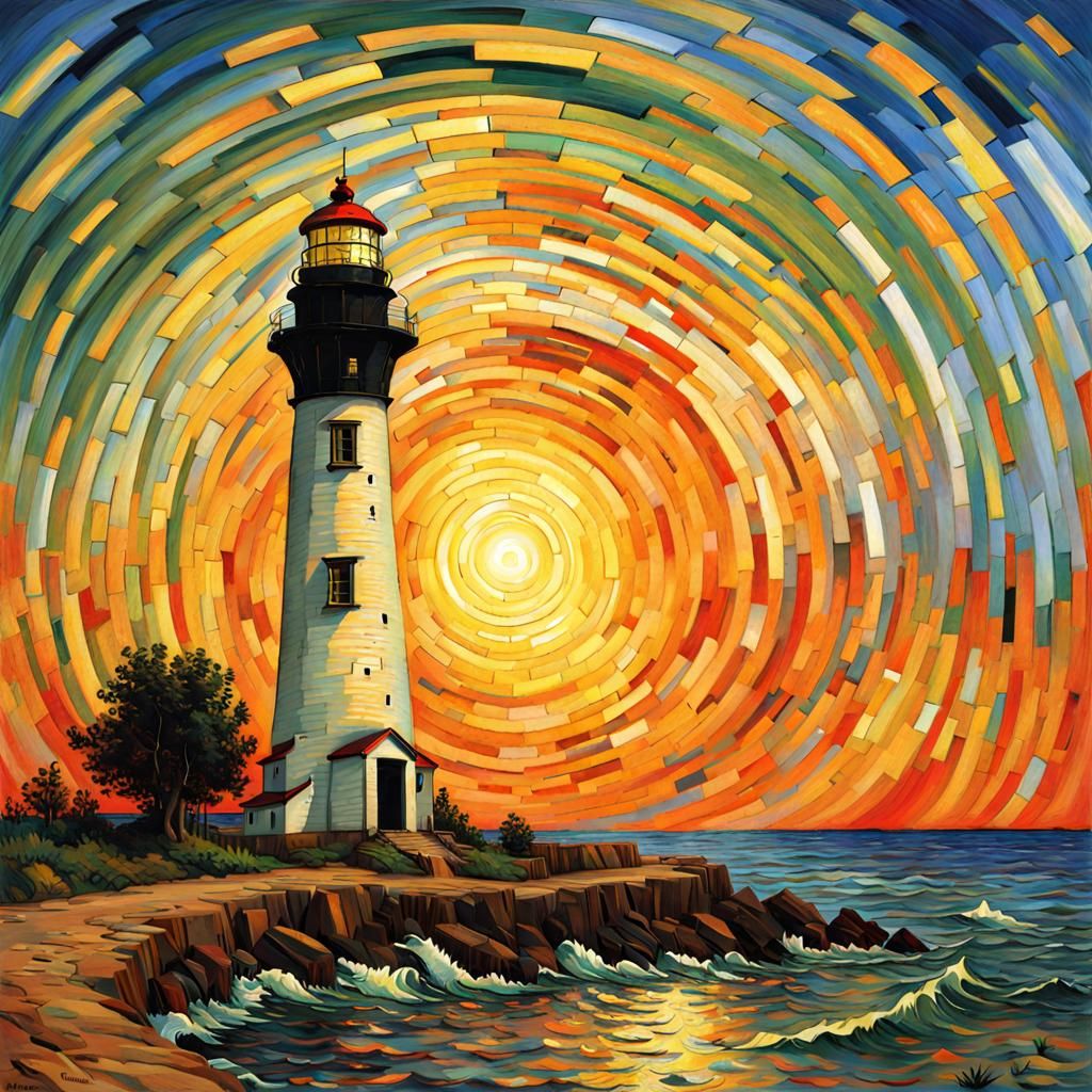 Fantasy Lighthouse at Sunset in Post-Impressionist Style