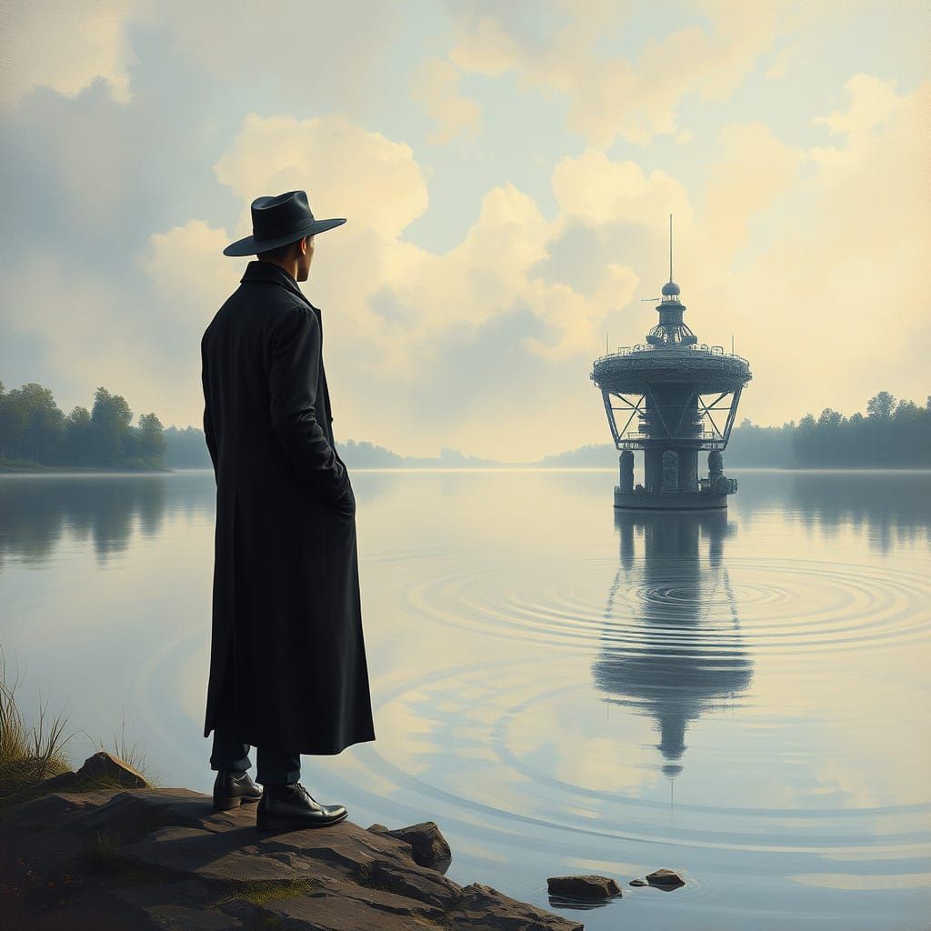 Man Contemplates Futuristic Landscape with Steampunk Reflect...