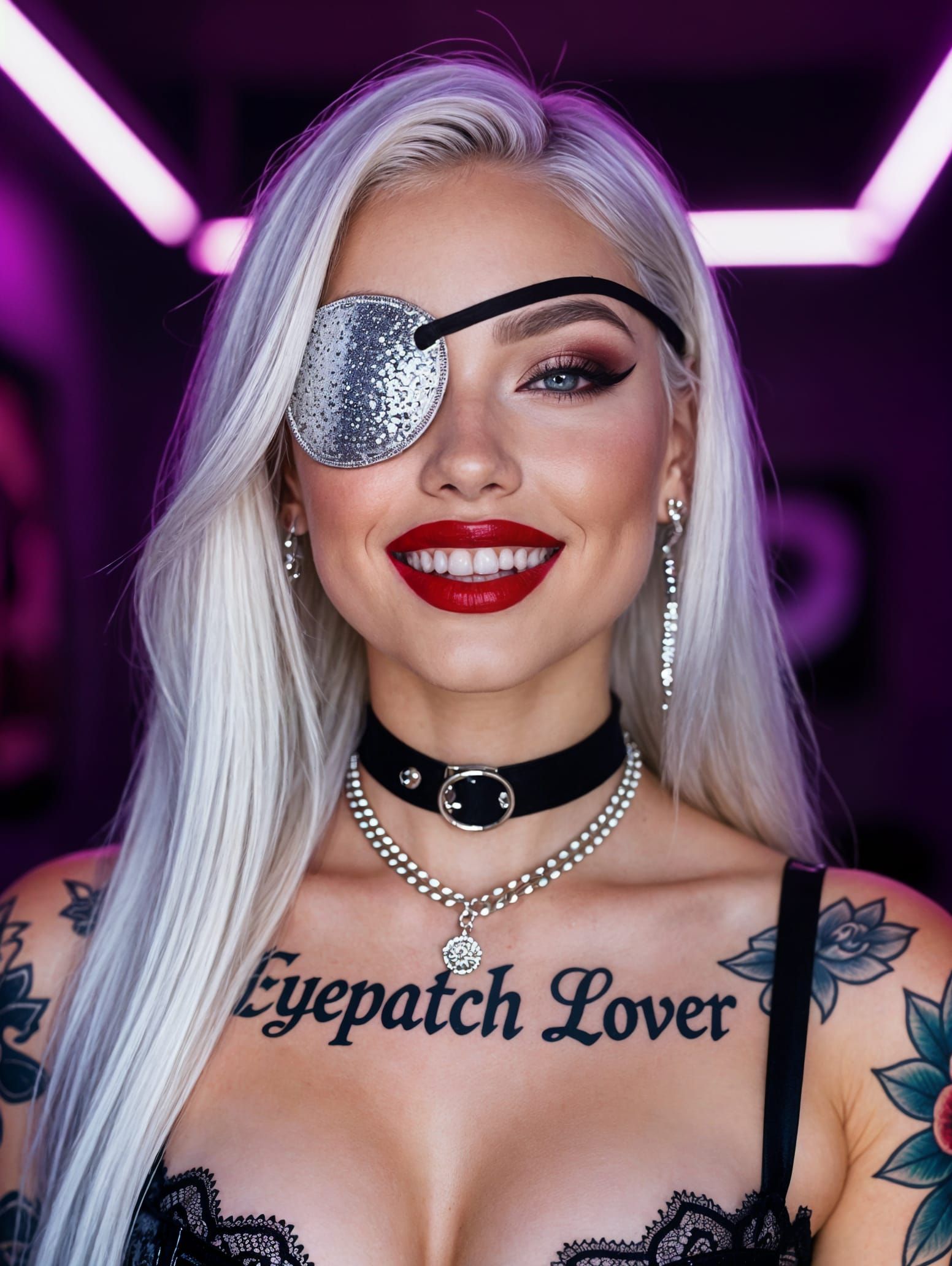 Tattooed Woman with Silver Eyepatch in Tattoo Shop