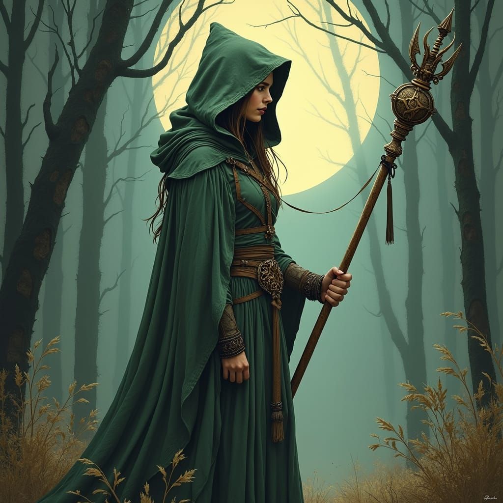 Mystical Warrior in Moonlit Forest: Surreal Fantasy Art