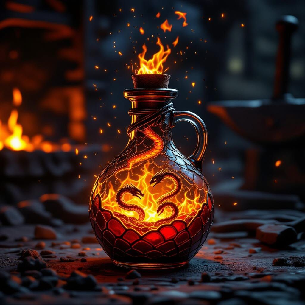 Fiery Potion Vial with Miniature Flame Serpents