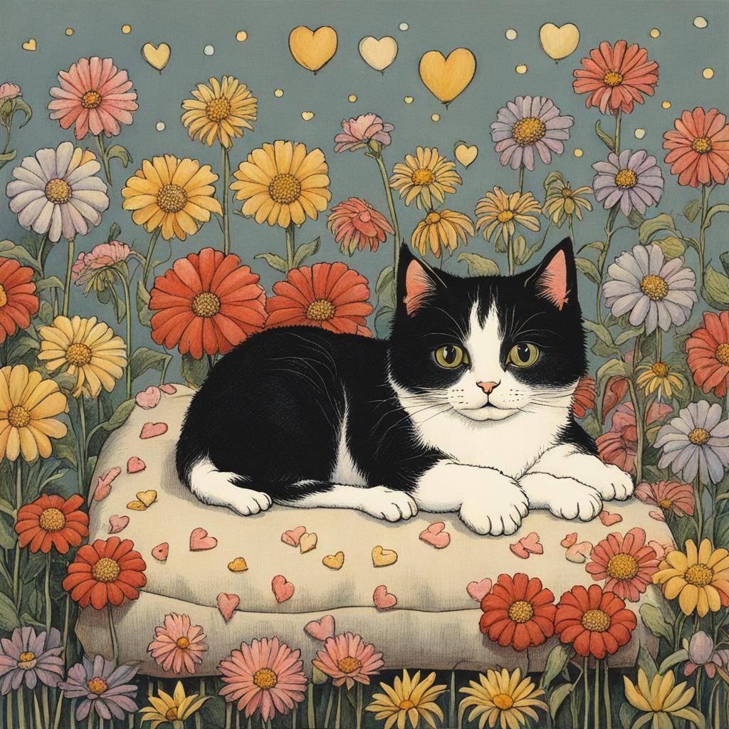 Cat Surrounded by Flowers, Illustrated Style