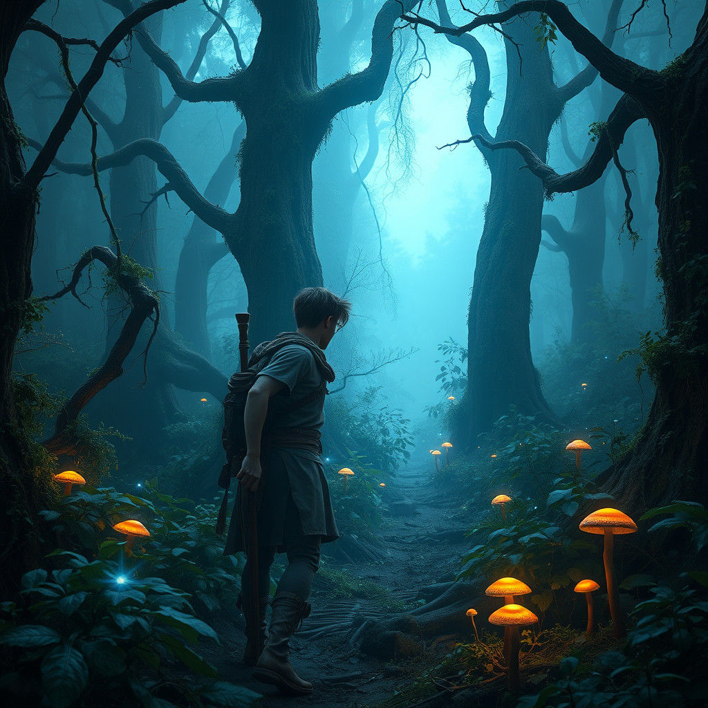 Mystical Forest: Man Follows Blue Light