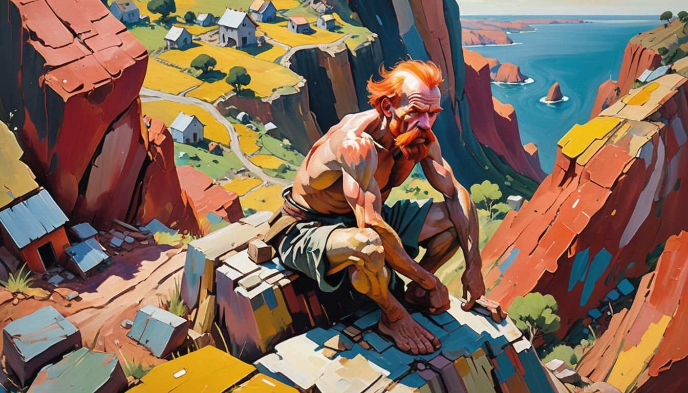 Ancient Man's Bowel Movement in Gouache Style