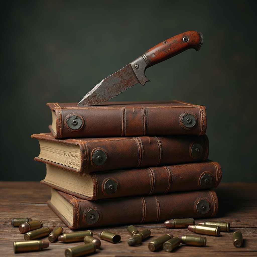 Dystopian Schoolbooks with Knife and Bullets