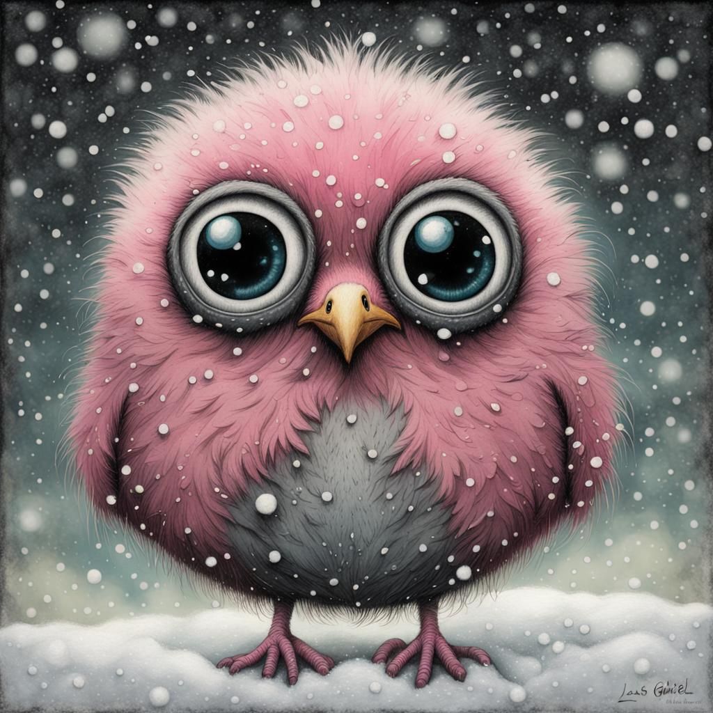 Cute Pink Bird with Googly Eyes in Winter