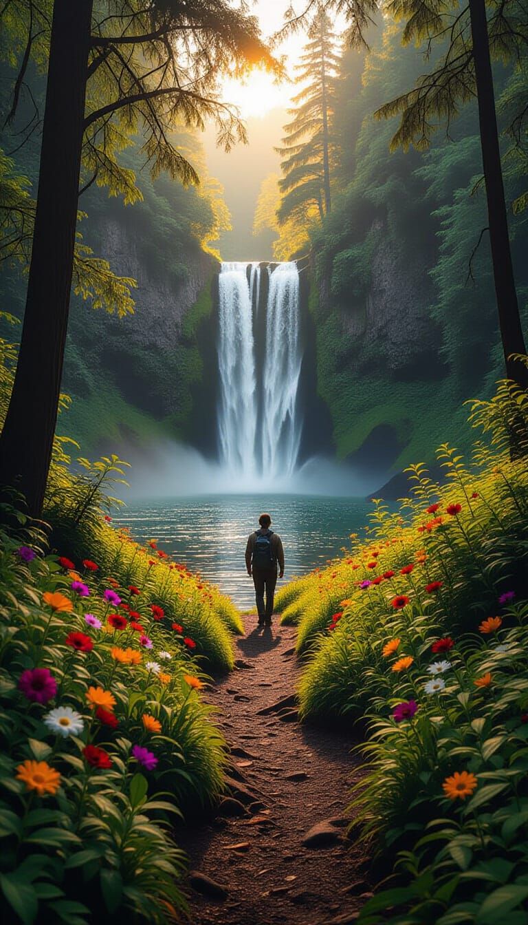 Cinematic Forest Path at Golden Hour with Waterfall