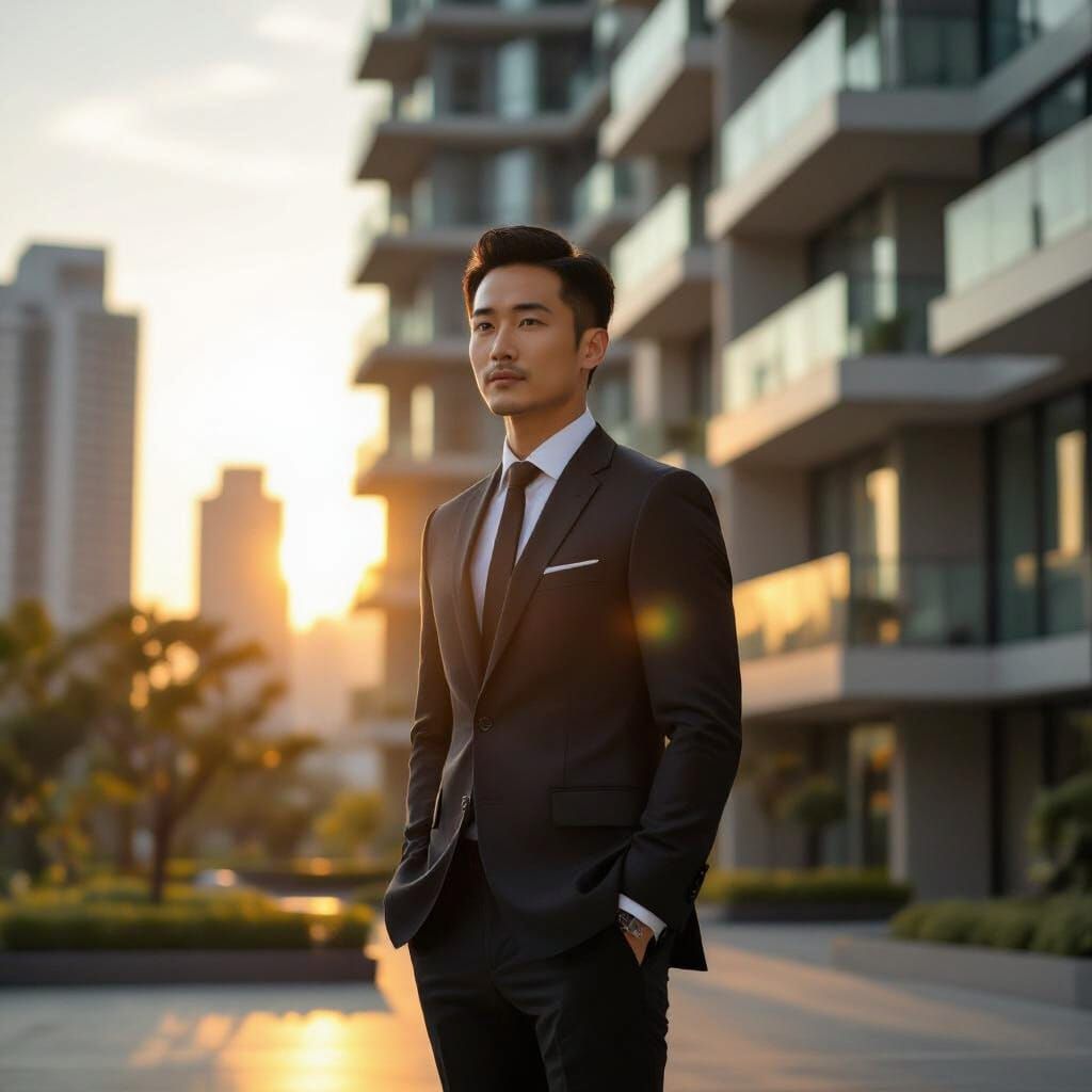 Confident Man in Suit Before Singapore Condo