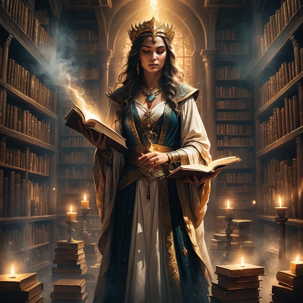 Mystical Priestess Holding Ancient Tomes in Library