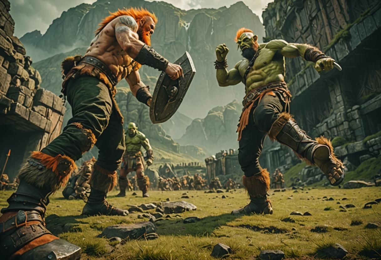 Epic Dwarven Barbarian vs Orc Combat Film Still