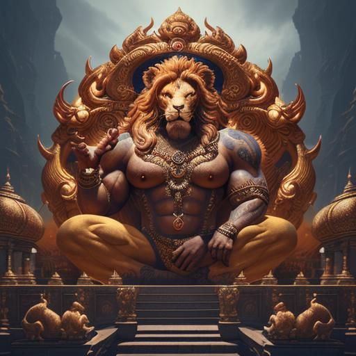 Muscular Lion-Headed Hindu God: Detailed Matte Painting