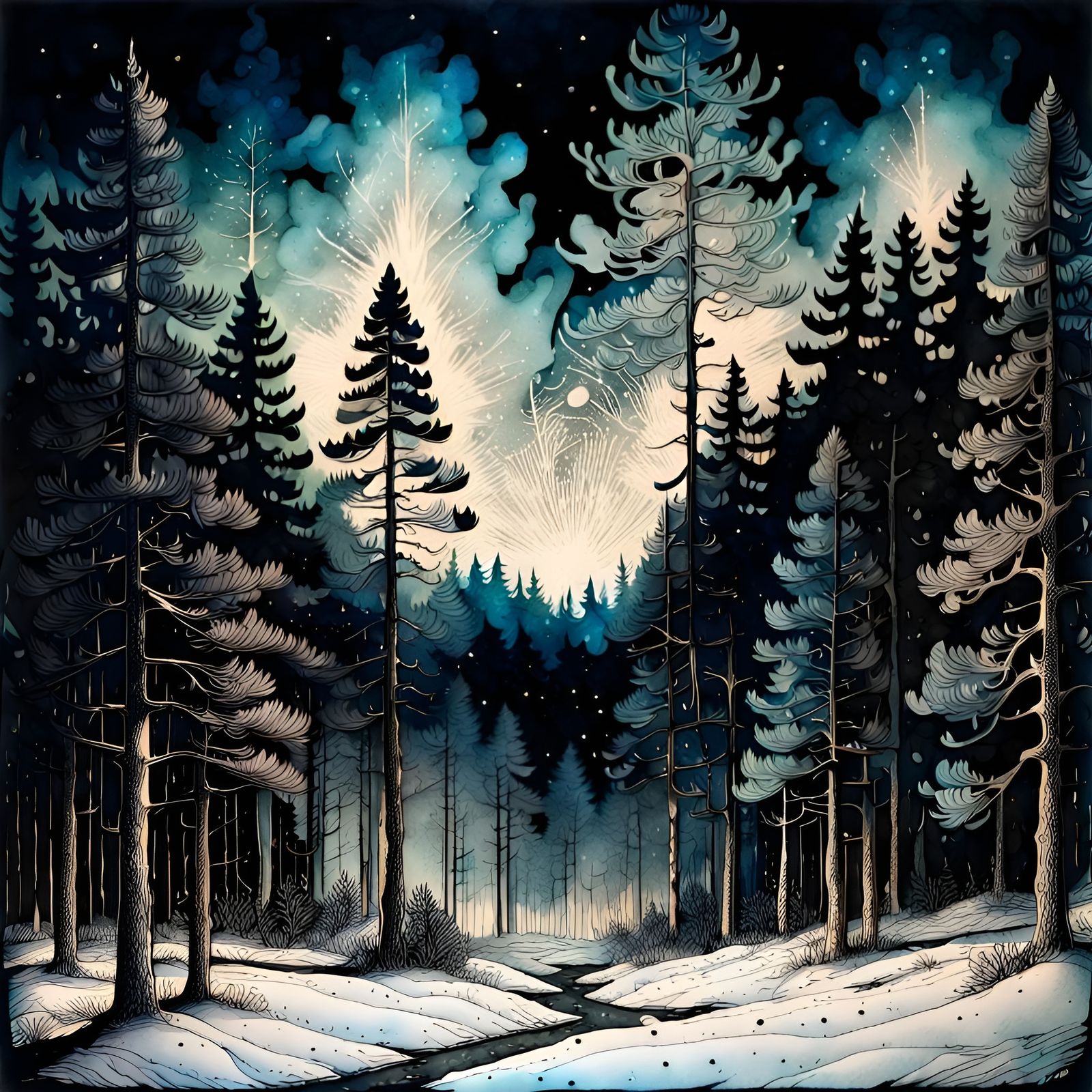 Midnight Snowstorm in Pine Forest: Pen and Ink Drawing