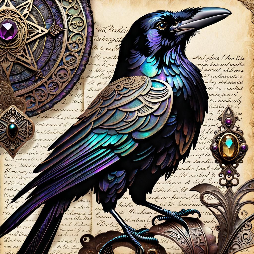 Iridescent Raven Sculpture Fine Line Art Illustration