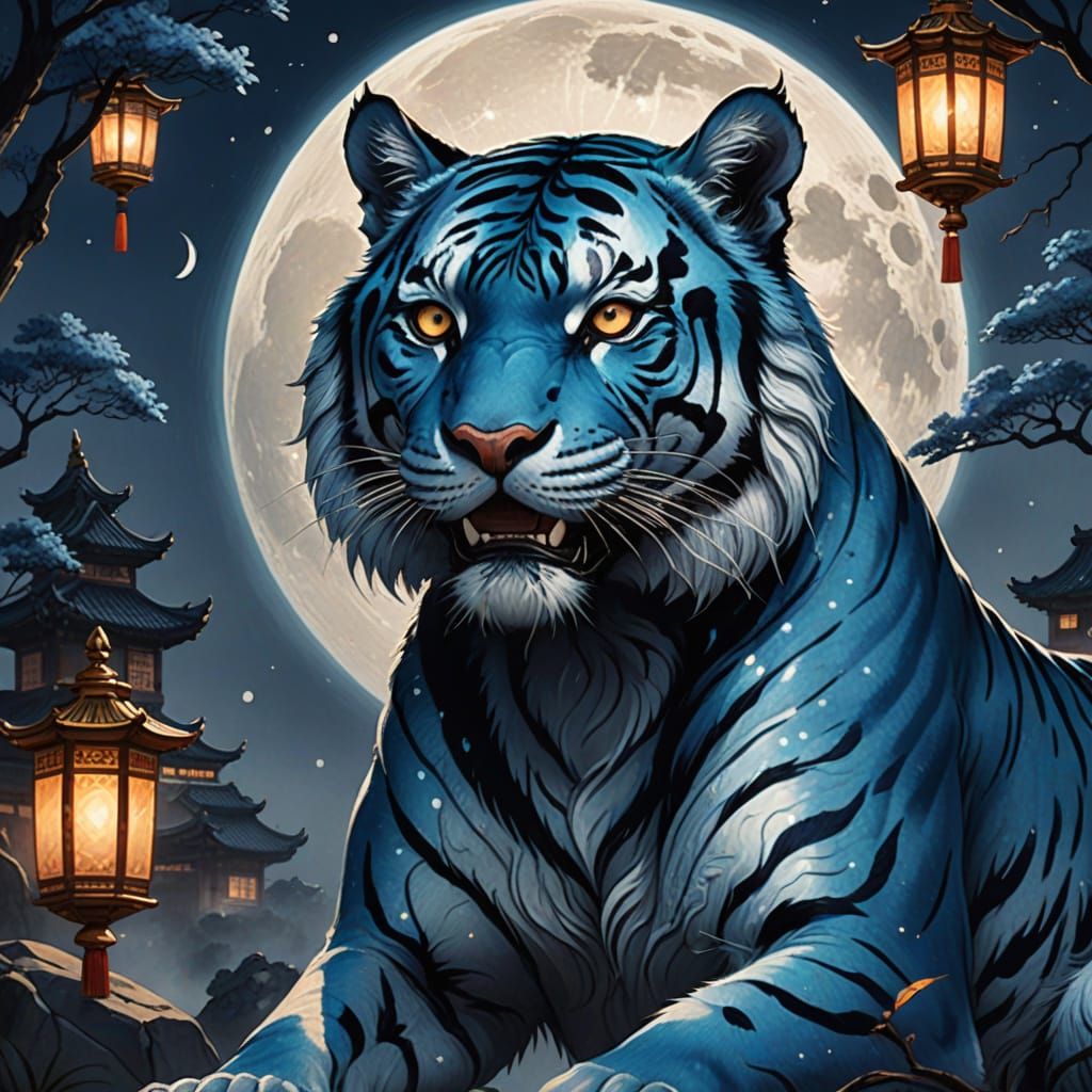 Blue Tiger with Haetae Smile in Korean Minhwa Style