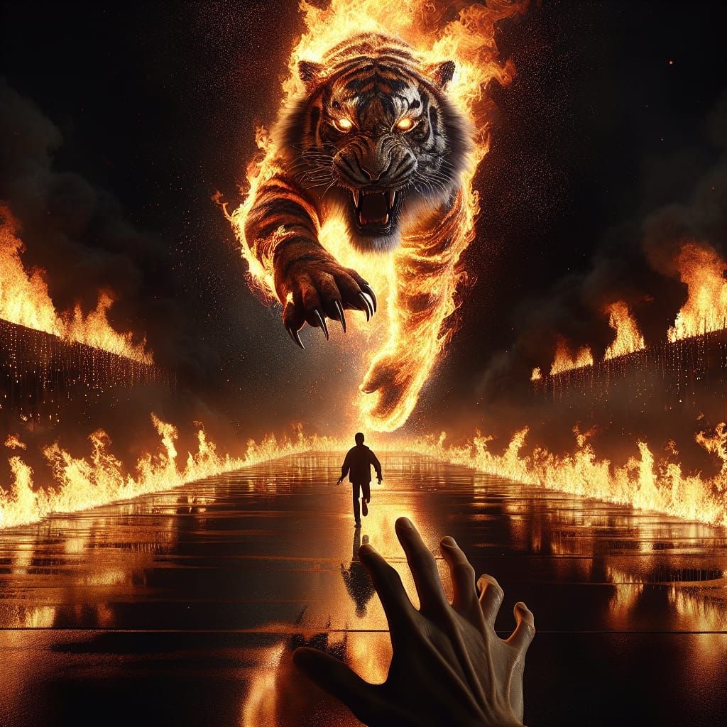 Heroic Figure Amidst Inferno with Fiery Tiger