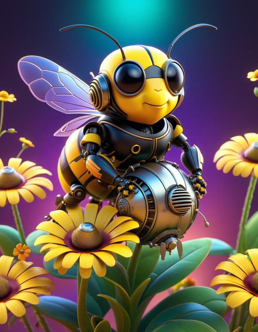 Steampunk Bumblebee on Flower: Pixar-Style 3D Art