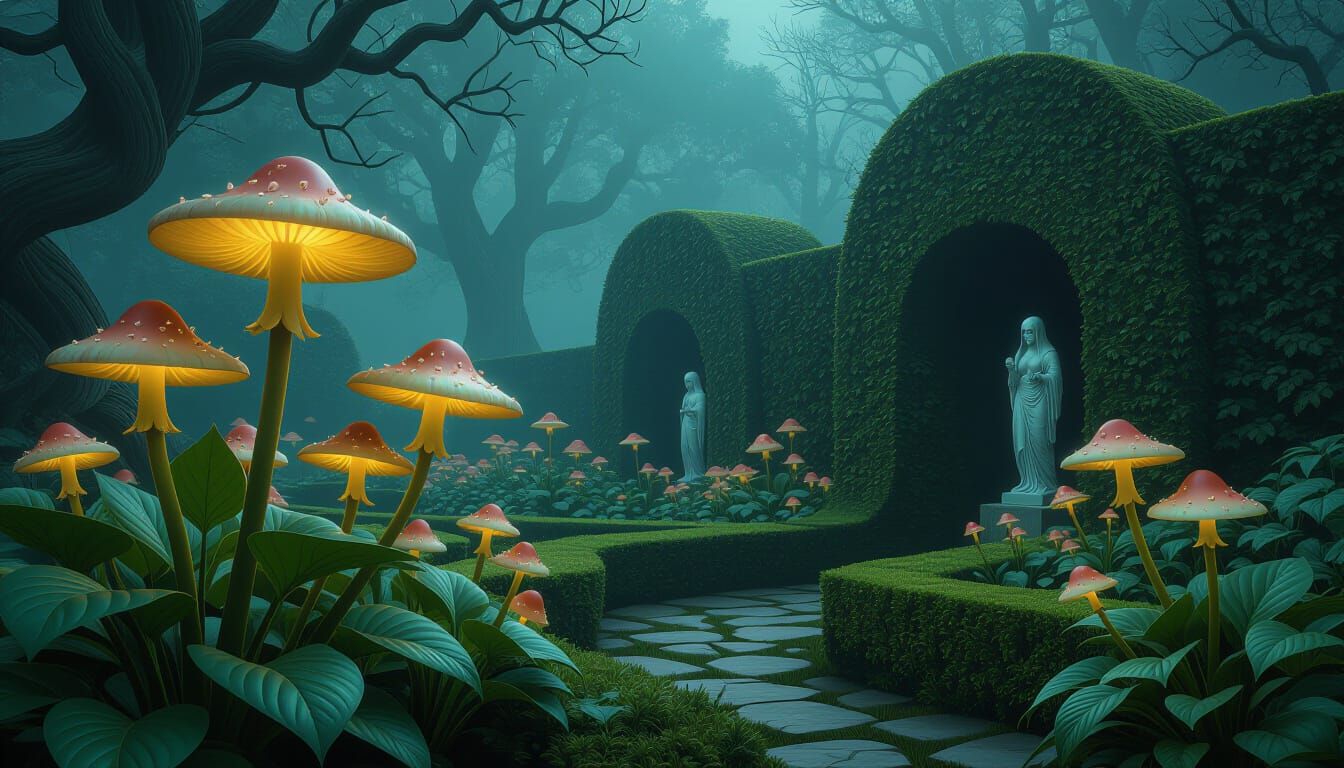 Mystical Overgrown Garden with Eerie Flora