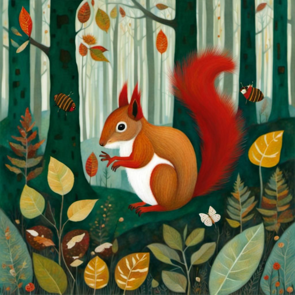 Red Squirrel in Autumn Forest: Klimt-Inspired Collage