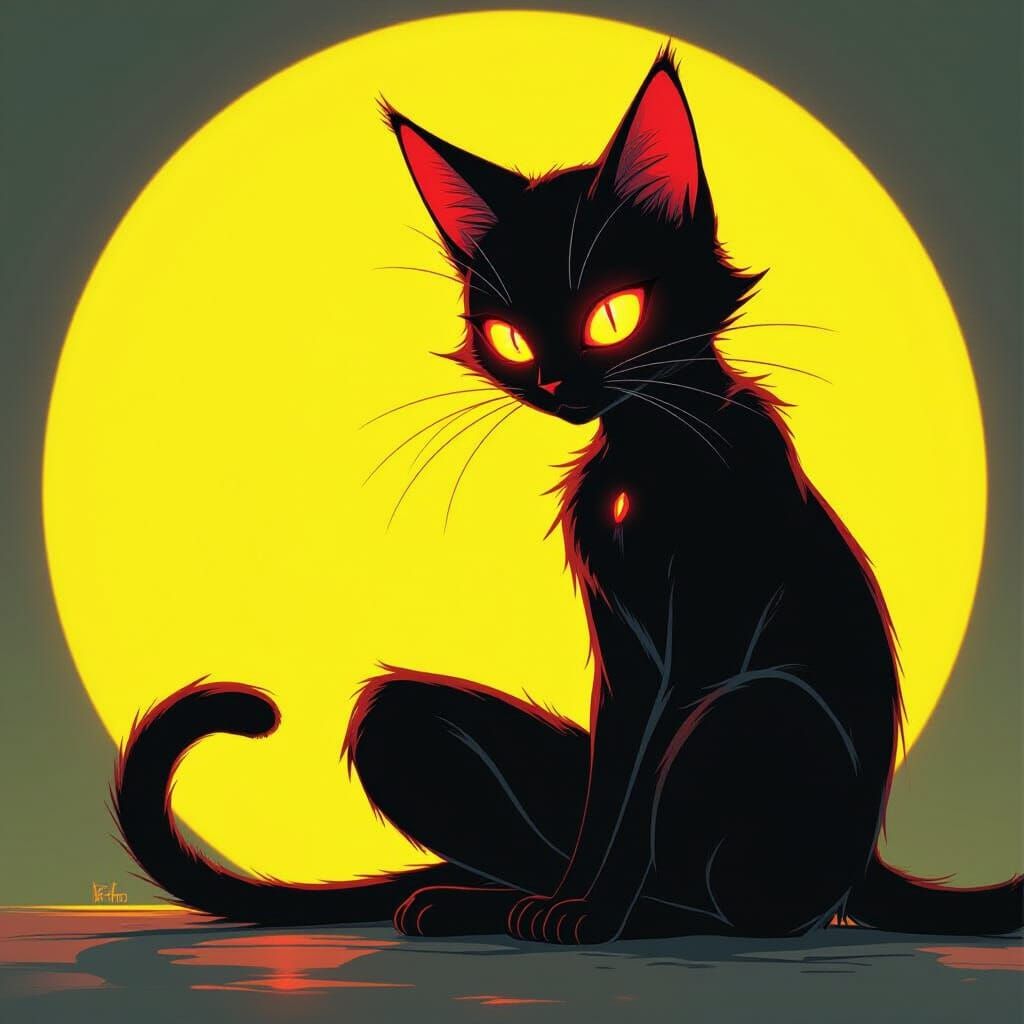 Mystical Nekomata with Burning Red Eyes in Neon Yellow