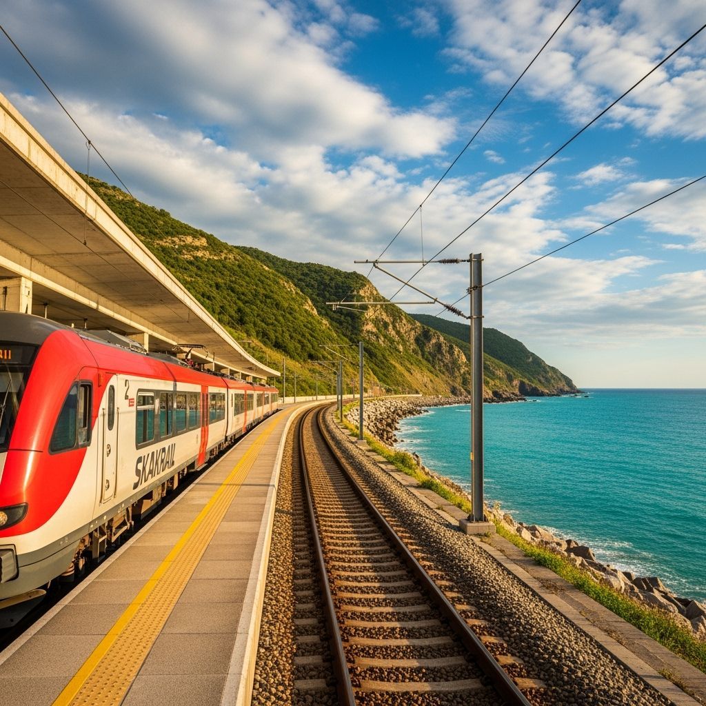 Modern Train at Coastal Station During Golden Hour
