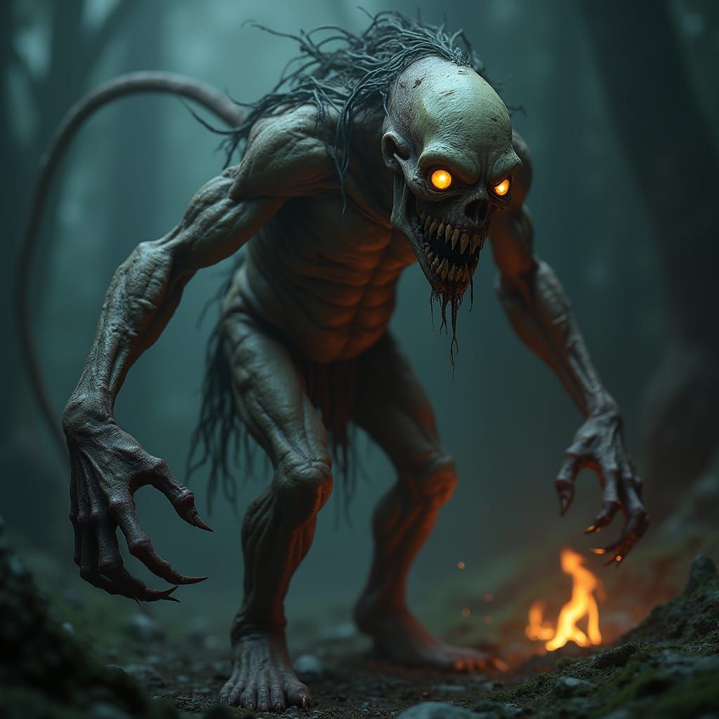 Grotesque Humanoid Horror in Dark, Misty Environment