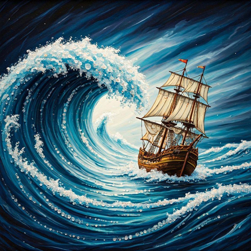 Rickety Ship Navigating Stormy Seas in Mixed Media