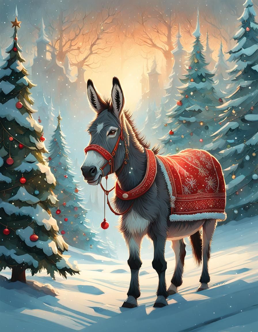 Festive Donkey in Winter Wonderland: Digital Painting