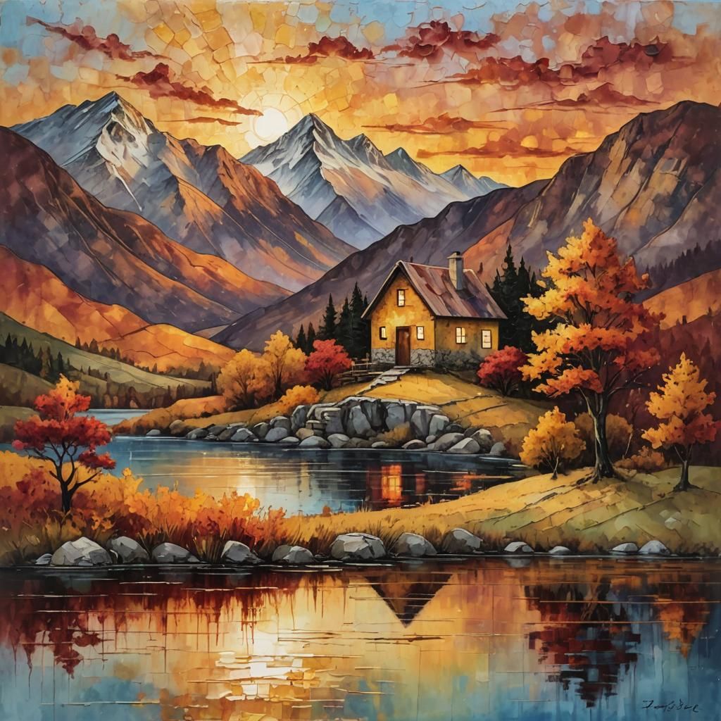 Encaustic Cottage by Lake at Sunset