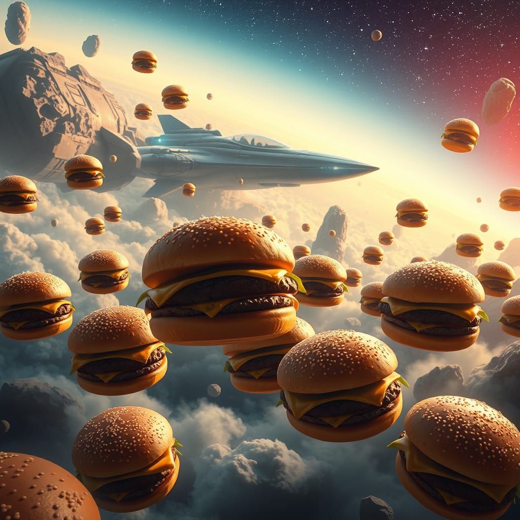 Surreal Space Landscape with Gargantuan Cheeseburgers