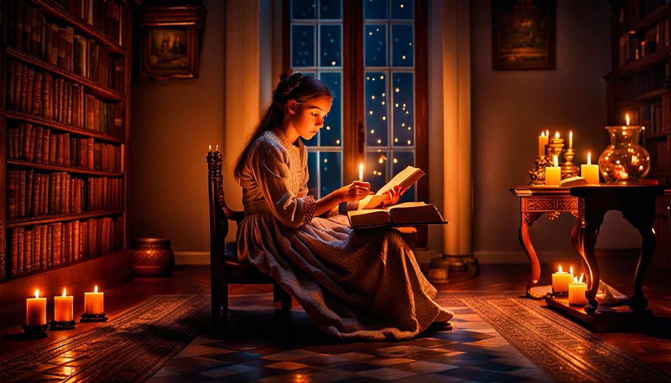 Young Lady Reading by Candlelight in Hyperrealistic Style