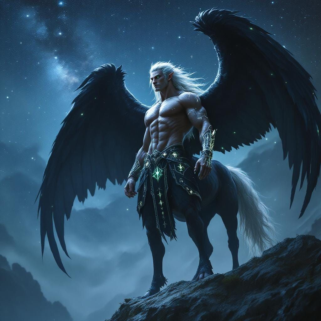 Winged Centaur with Runes Under Starry Sky